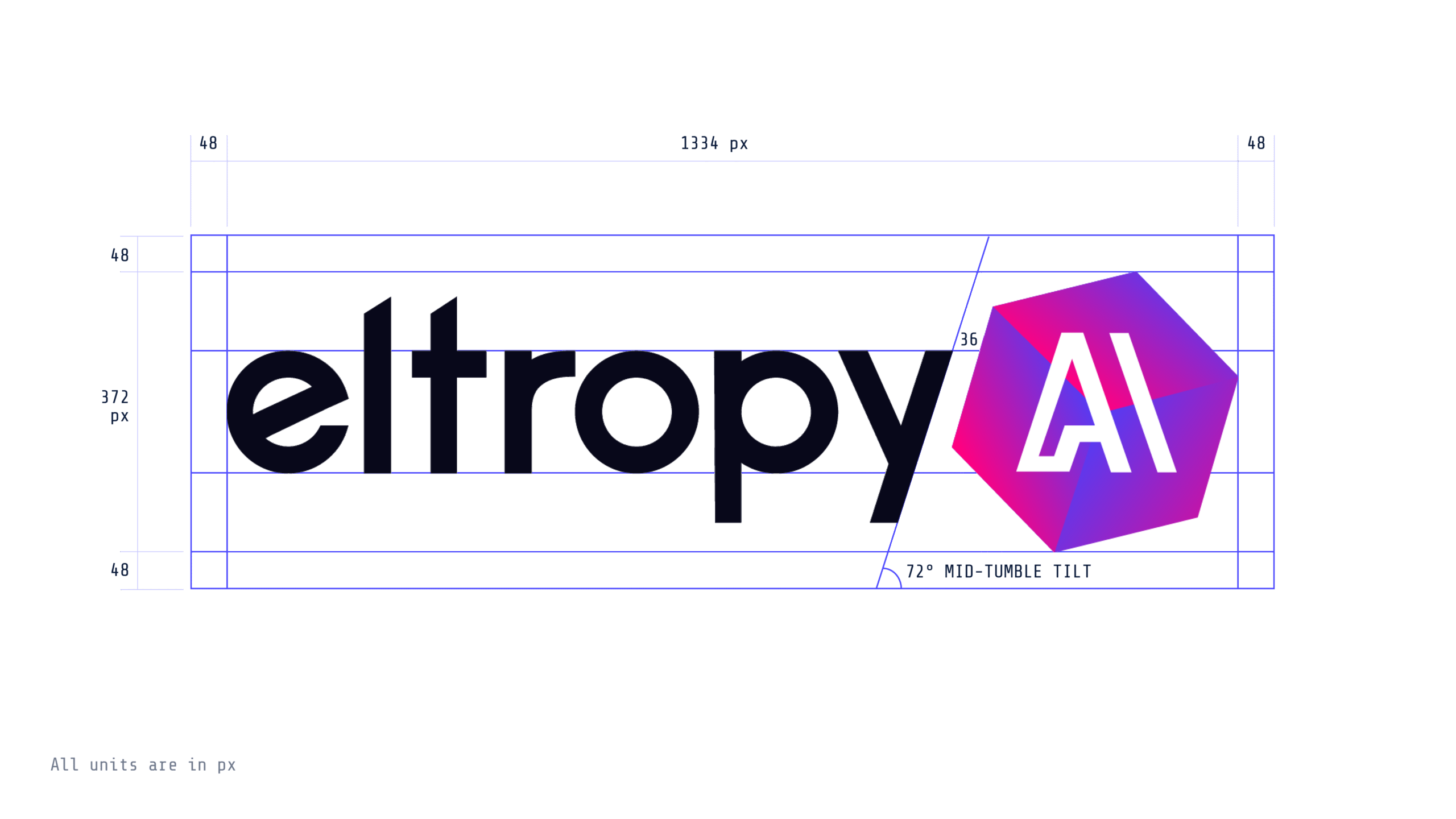Logo dimensions diagram: 1334 by 372 pixel lockup with 48 pixel clear space on every side and the AI hexagon at a 72 degree mid-tumble tilt